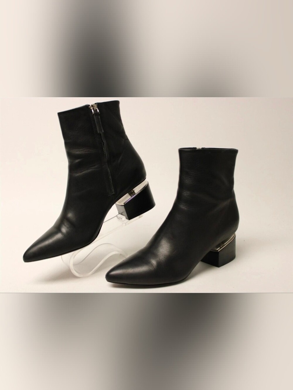 Alexander Wang Black Leather Pointed Ankle Boots w Lifted Silver Heel Accent 8 - Picture 2 of 14